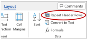 Screenshot of Repeat Header Rows option circled within the Data section of the table Layout tab.