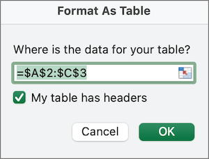 Screenshot of the Format as Table dialog with the prompts "Where is the data for your table?" and a checkbox "My table has headers".