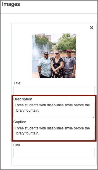 Screenshot of gallery images in edit mode. The following alt text is provided for both the Description and Caption fields: Three students with disabilities smile before the library fountain.
