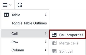 Screenshot of the OU Campus editor toolbar with the table dropdown icon highlighted in a garnet rectangle, next to the Expand Content icon. The table menu shows options for Table and Toggle Table Outlines, followed by Cell, Row, and Column. Cell is selected with a grey background, and a submenu shows Cell Properties highlighted with a garnet rectangle, followed by greyed out options for Merge Cells or Split Cell.   