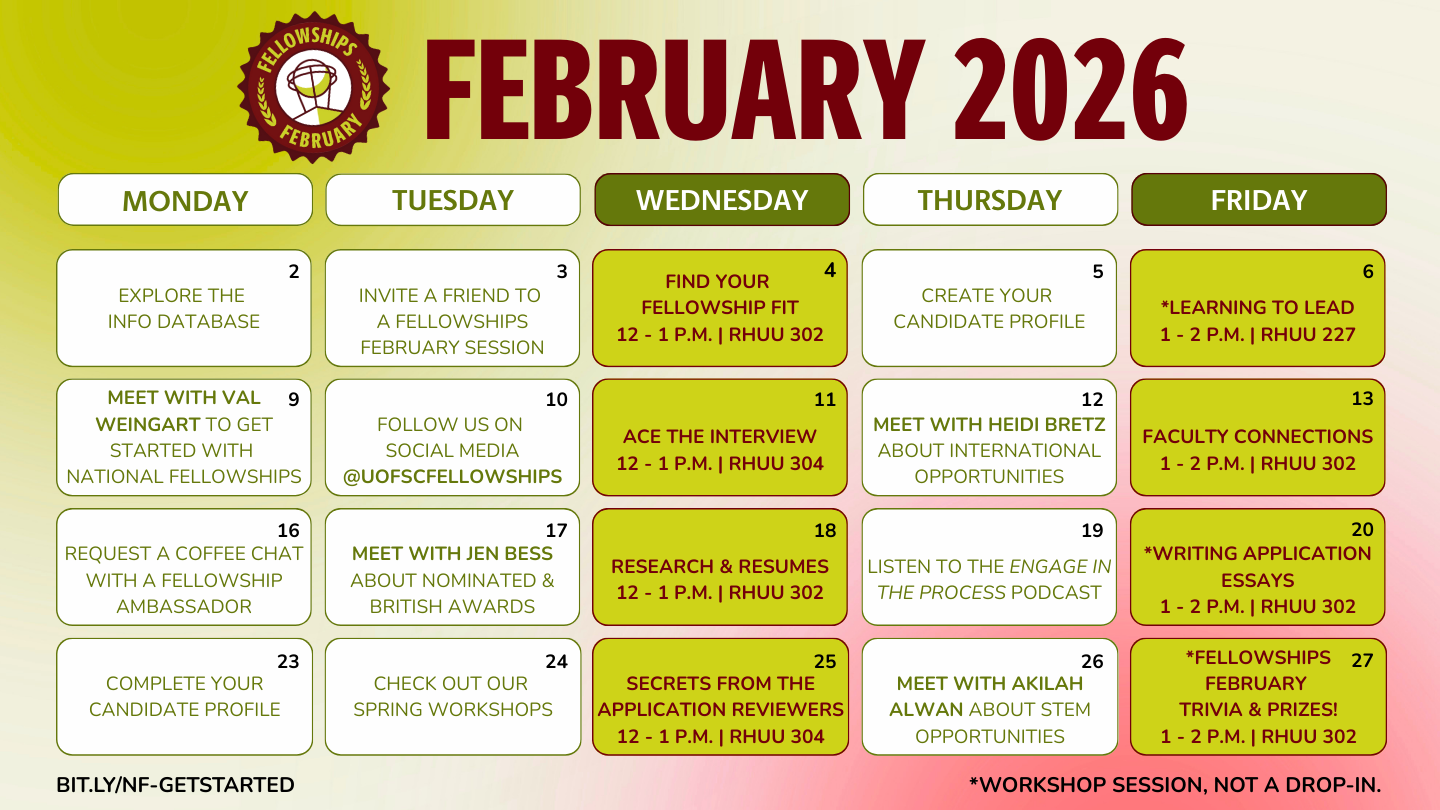 Calendar graphic of the 2026 Fellowships February schedule.