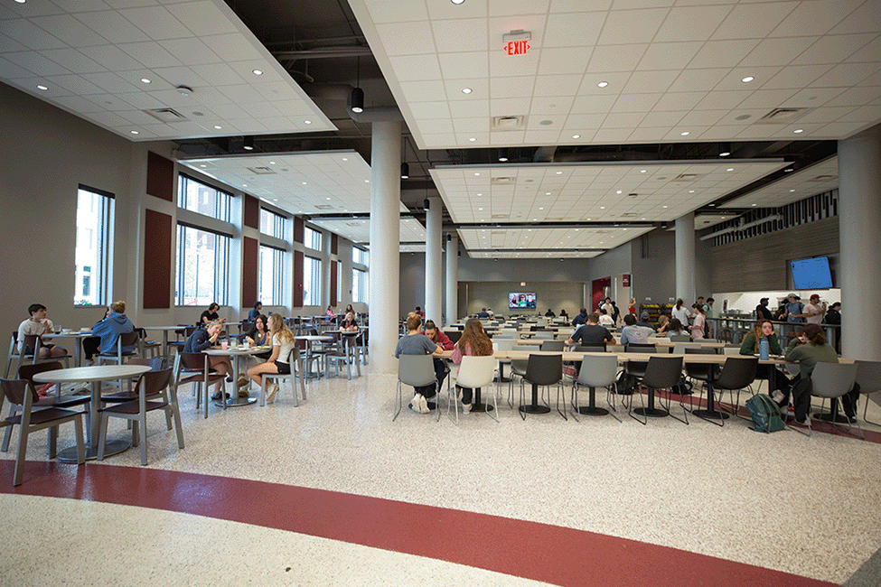 Interior shot of The Pavilion, dining facility, located on the first floor in Campus Village 1