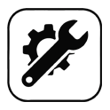 Black and white icon of a wrench crossed with a gear, representing maintenance or repair services.