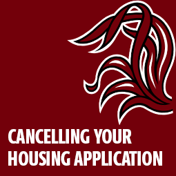 Cancelling Your Housing Application Graphic with Gamecock Tailfeathers on side of graphic