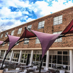 Garnet outdoor screen coverings in the foreground of Mcbryde residence hall.