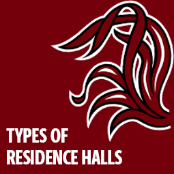 types of residence halls graphics with gamecock tailfeathers
