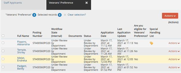 Screenshot of the Applicant Review section showing the Veteran's Preference columns
