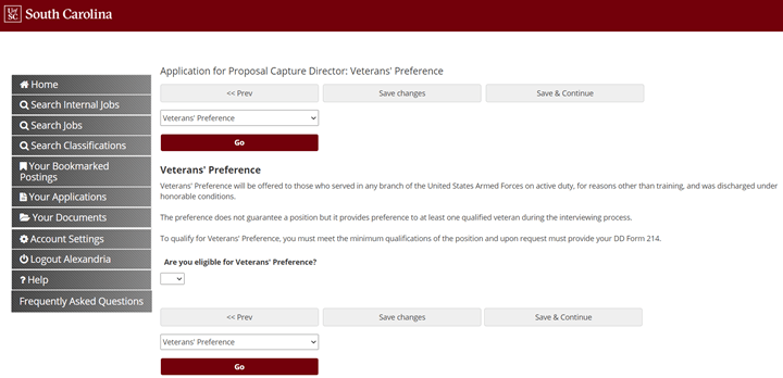Screenshot of application showing Veterans' Prefernce
