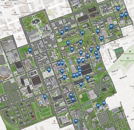An image of the UofSC campus map with all gender restroom overlay.