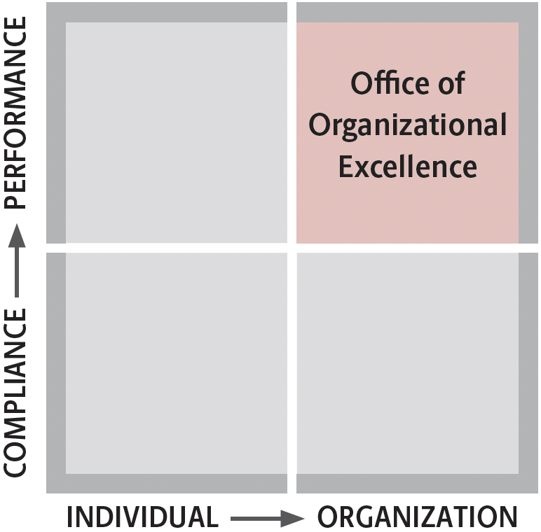 Four-quadrant visual showing that the Office of Organizational Excellence focuses on organizational performance