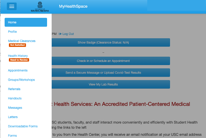 my health space navigation screenshot