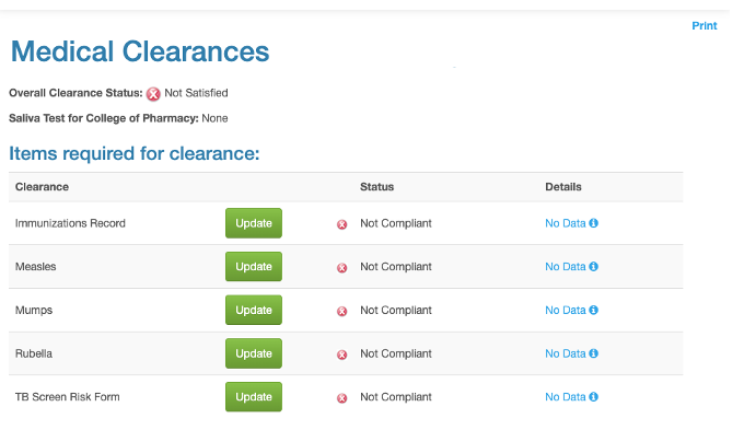 my health space medical clearance page screenshot