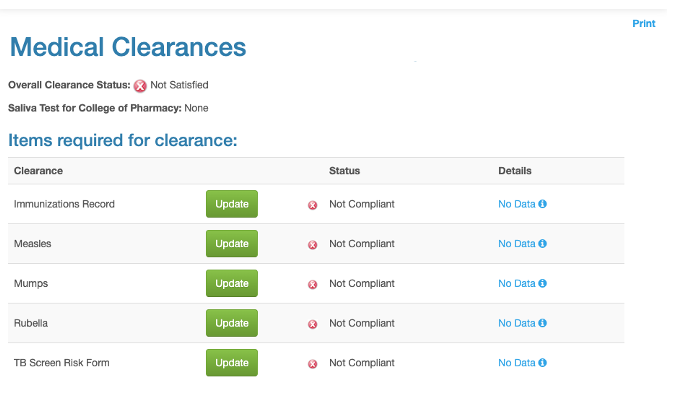 my health space medical clearance page screenshot 