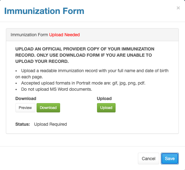 my health space immunization form upload page screenshot