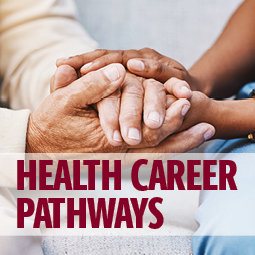 image of nurse holding patient's hand. text over image says "health career pathways"