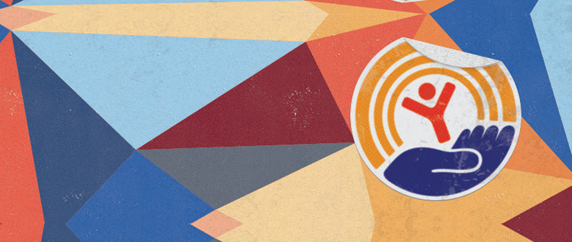 Geometric shapes make a background for the United Way logo of cupped hands