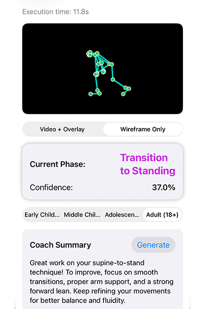 Wireframe image of athlete performing supine to standing move with coach summary.