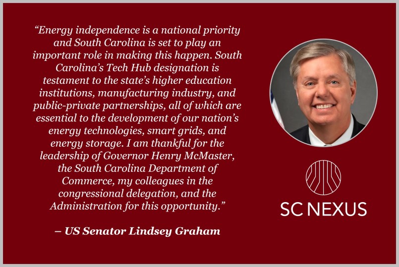 “Energy independence is a national priority and South Carolina is set to play an important role in making this happen. South Carolina’s Tech Hub designation is testament to the state's higher education institutions, manufacturing industry, and public-private partnerships, all of which are essential to the development of our nation’s energy technologies, smart grids, and energy storage. I am thankful for the leadership of Governor Henry McMaster, the South Carolina Department of Commerce, my colleagues in the congressional delegation, and the Administration for this opportunity.” - US Senator Lindsey Graham
