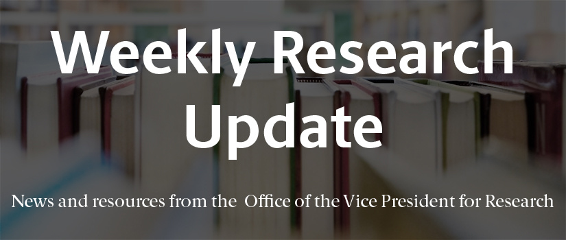 Image of library books with newsletter title and subhead in white text. The white text reads "Weekly Research Update: News and resources from the Office of the Vice President for Research."