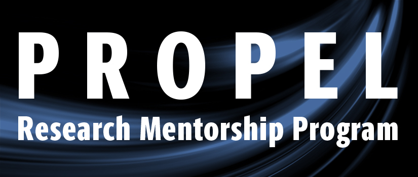Image of a black background with a blue wave design and subhead in white text. The white text reads "Propel Research Mentorship Program."