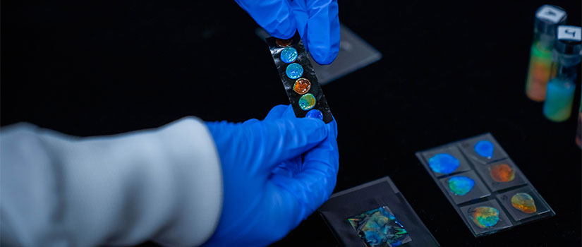 Two gloved hands prepare a colorful glass slide to go into a microscope for examination.