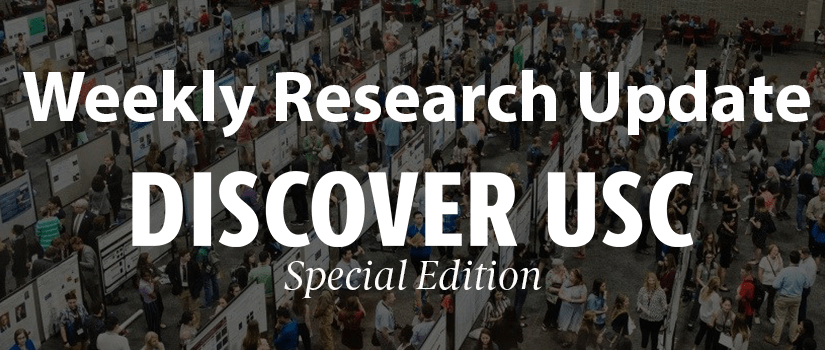 An overhead image of people browsing poster presentations at a previous Discover USC event, with the newsletter title and subhead in white text. The white text reads "Weekly Research Update Discover USC Special Edition."