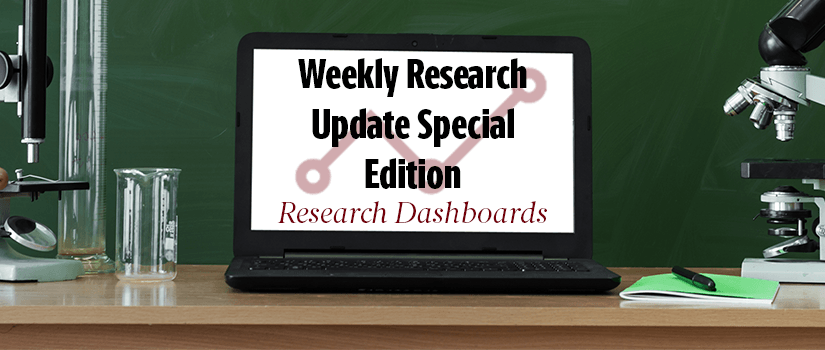 An image of a blackboard with a laptop computer in front, with the newsletter title and subhead in white text. The white text reads "Weekly Research Update Special Edition Research Dashboards."