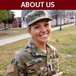 Woman ROTC Cadet smiling. Headling: About us