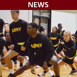 Cadets exercising in gym. Headline: News