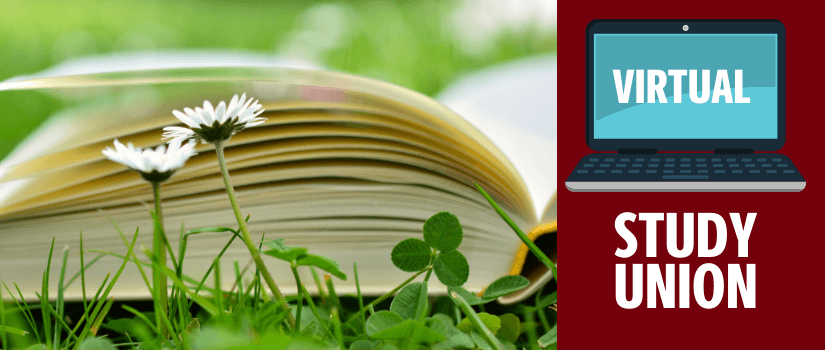 A book page with a flower on the left, a laptop graphic with the word "virtual" inside and "study union" underneath it. 