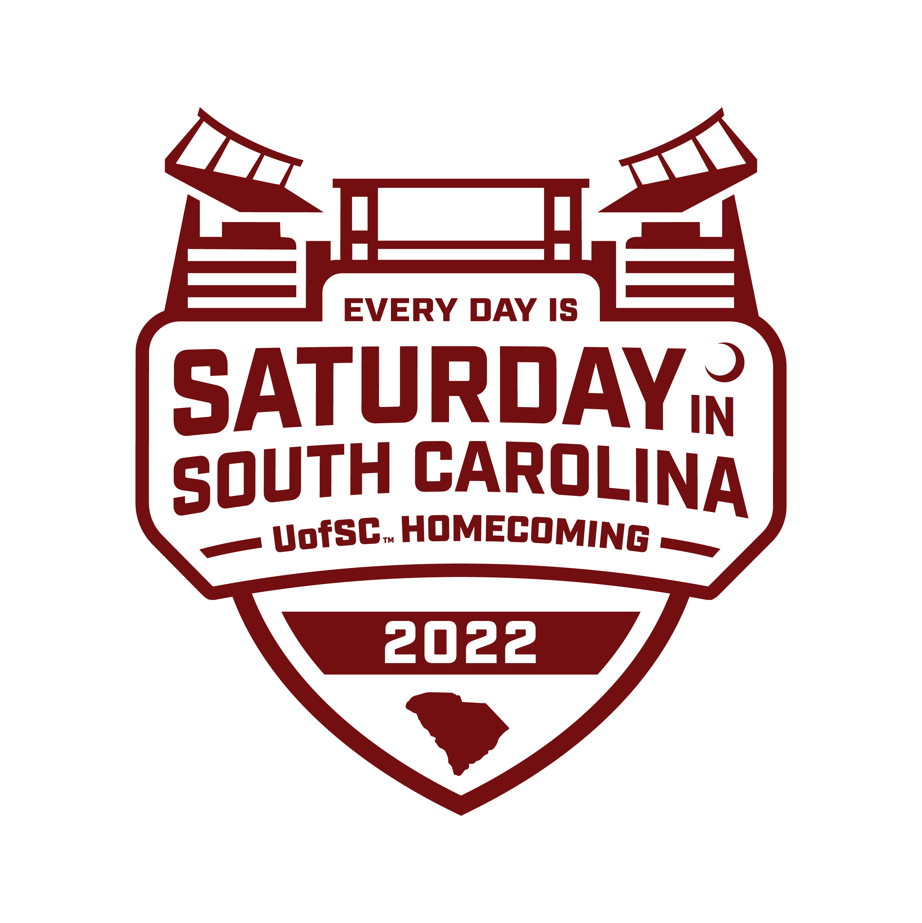 Garnet homecoming logo saying "Every Day is Saturday in South Carolina - UofSC Homecoming 2022"