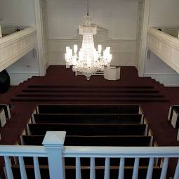 view of the chapel from above, with chandelier