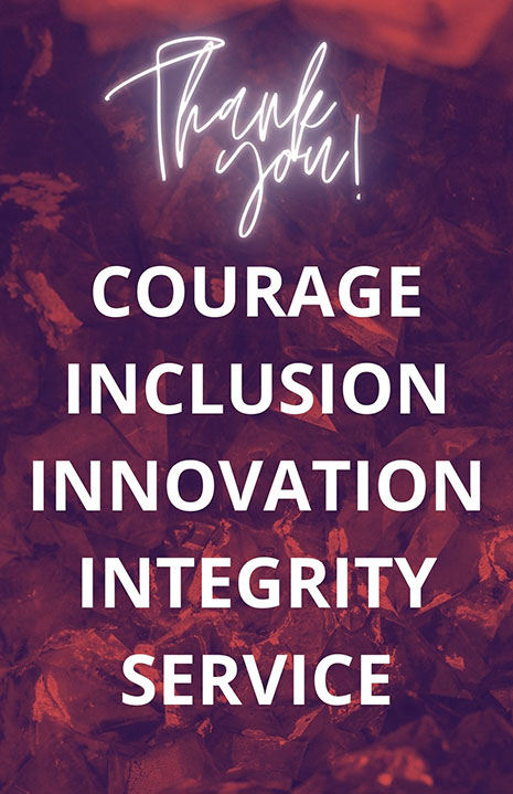 garnet background with white text, Thank you! Courage Inclusion Innovation Integrity Service