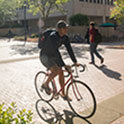 a bicyclist rides on a brick pathway on campus
