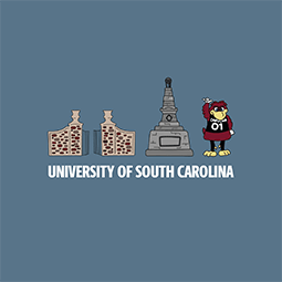 UofSC doodles in center. Cocky, the horseshoe gates and the Maxy monument in the center of a blue background