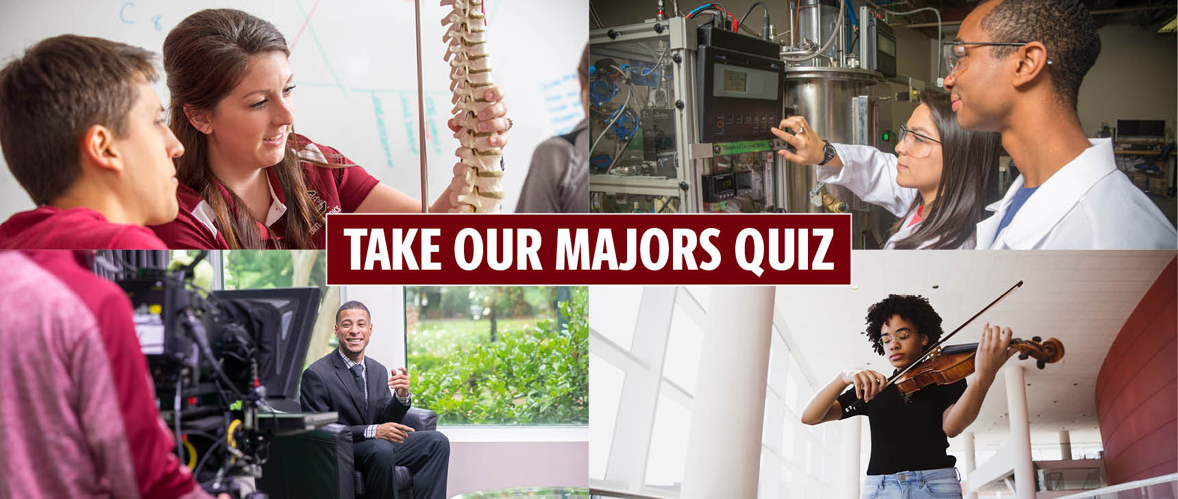 Graphic with four photos representing different majors. Text says "take our majors quiz"