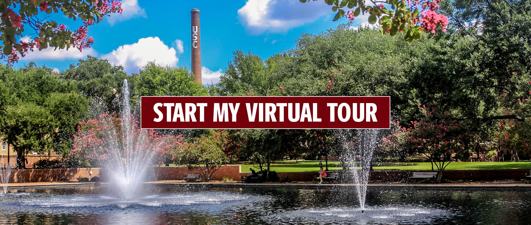 Picture of USC campus with overlaid stamp stating "Start my virtual tour"
