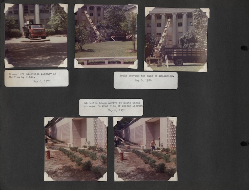 multiple images of books being moved by conveyer belt down from McKissick Library
