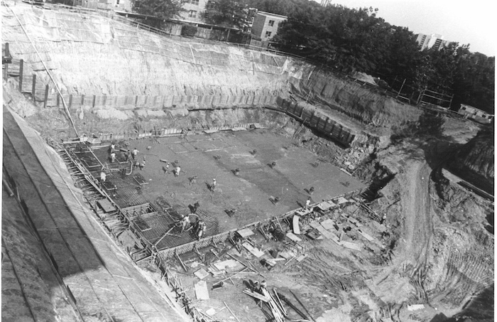 Excavation hole for underground floors of Thomas Cooper Library.