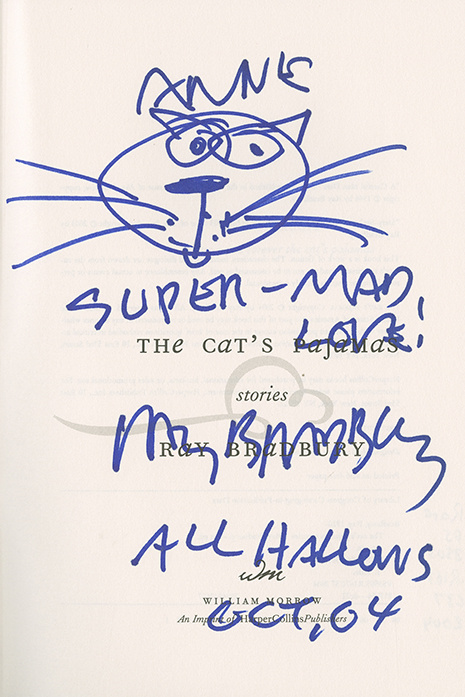 Book inscription with cat drawing