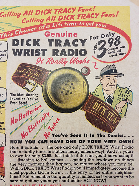 Advertisement from a mid-20th-century comic book for a Dick Tracy wrist radio