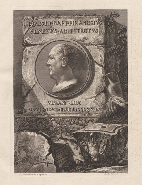 The frontispiece from Volume 01 of Giovanni Battista Piranesi's Opere which is the bust of a man carved into stone surrounded by Roman antiquities