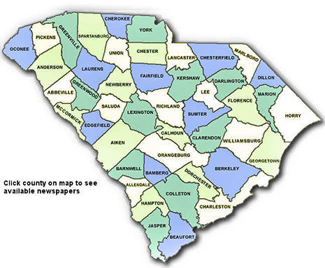 Map image of the state of South Carolina, divided into counties.