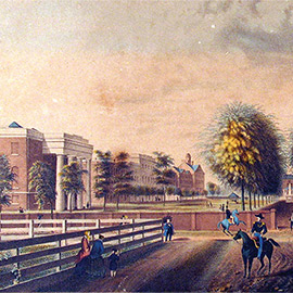 Illustration of the historic horseshoe as it stood in 1850. Brick buildings appear on teh left of a large green space lined with palmetto trees. A brick wall with gates in the center separate the green space from a street with men on horses and women in long dresses. 