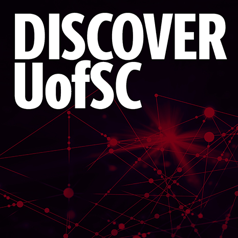 Discover UofSC logo on a background reminiscent of a network of data points in garnet and black