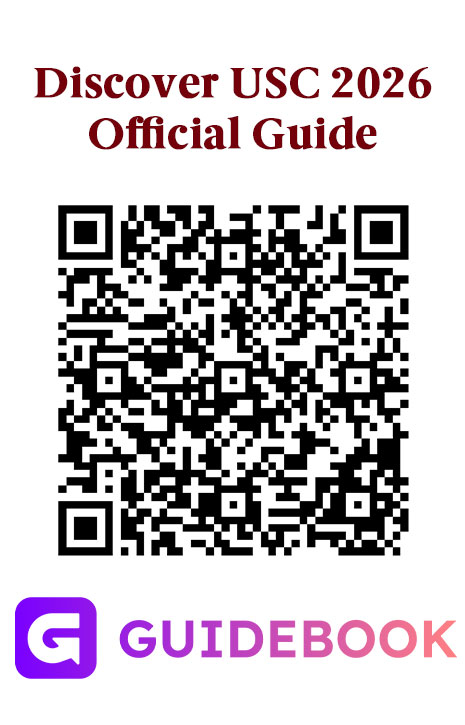 This image reads "Discover USC 2026 Official Guide" in garnet text above a QR code users can scan to access the guide. Below the QR code is the Guidebook app logo, indicating that the Discover USC Guide is built on the Guidebook app platform.