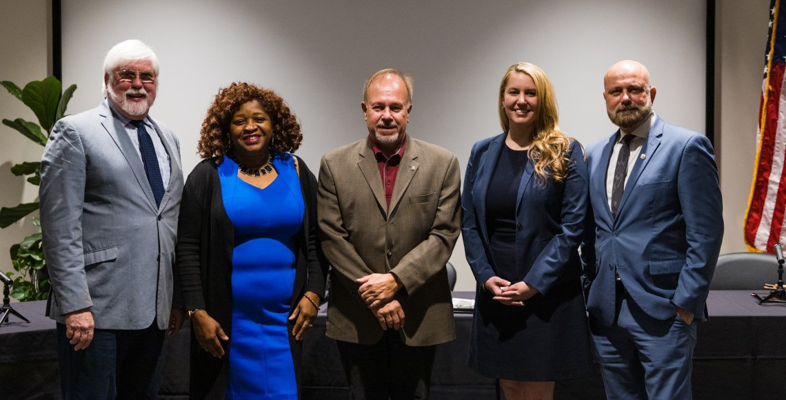Discover UofSC 2022 Keynote moderator and panelists posing for a group photo. Pictured from left to right are UofSC professors Augie Grant, Gloria Boutte, Tim Mousseau, Melissa Nolan and Mark Smith.