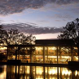 Evening view of Thomas Cooper Library and the reflecting pond under a dusky sky