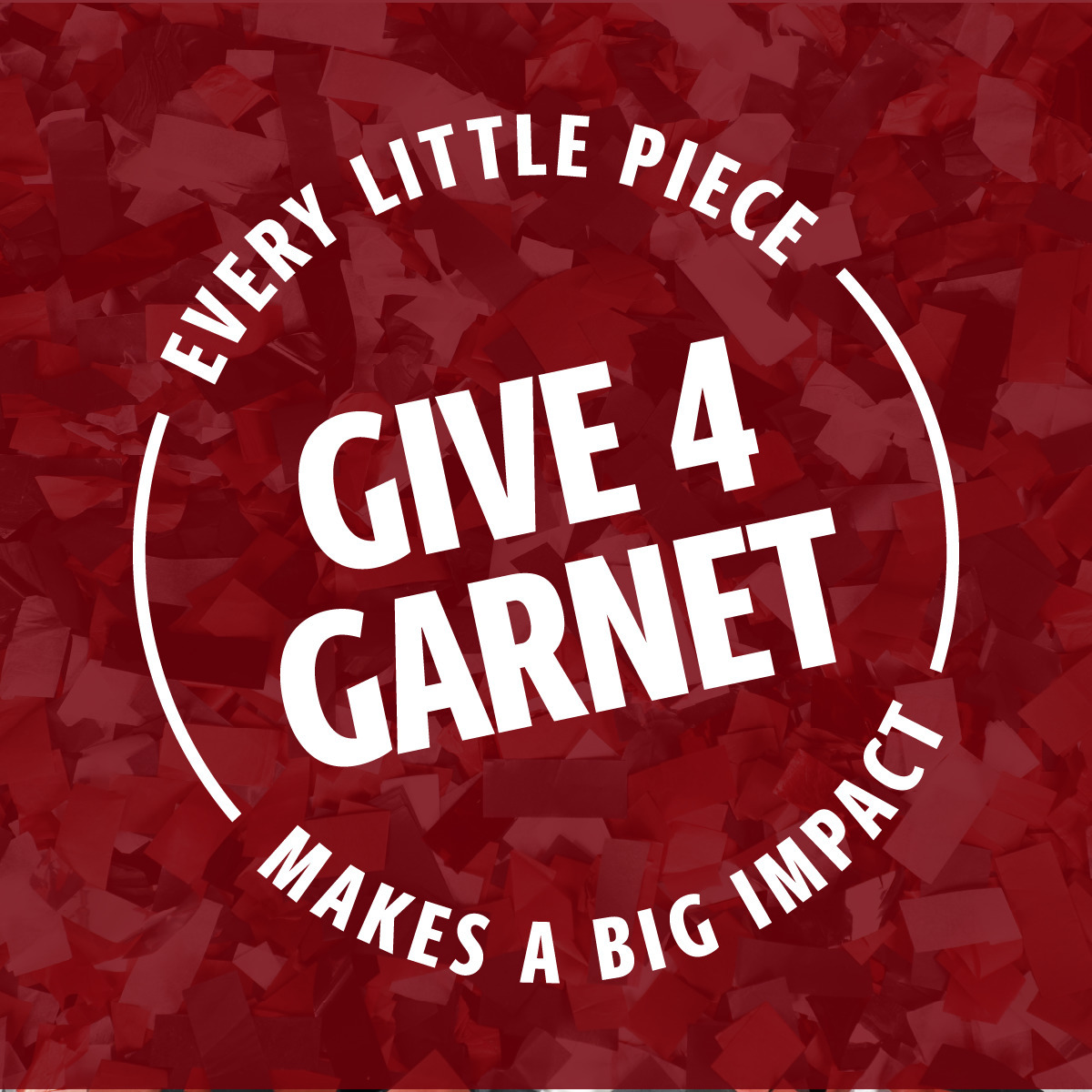 Confetti with a garnet colored overlay and the UofSC stamp that has the text Give4Garnet, every little piece makes a big impact.
