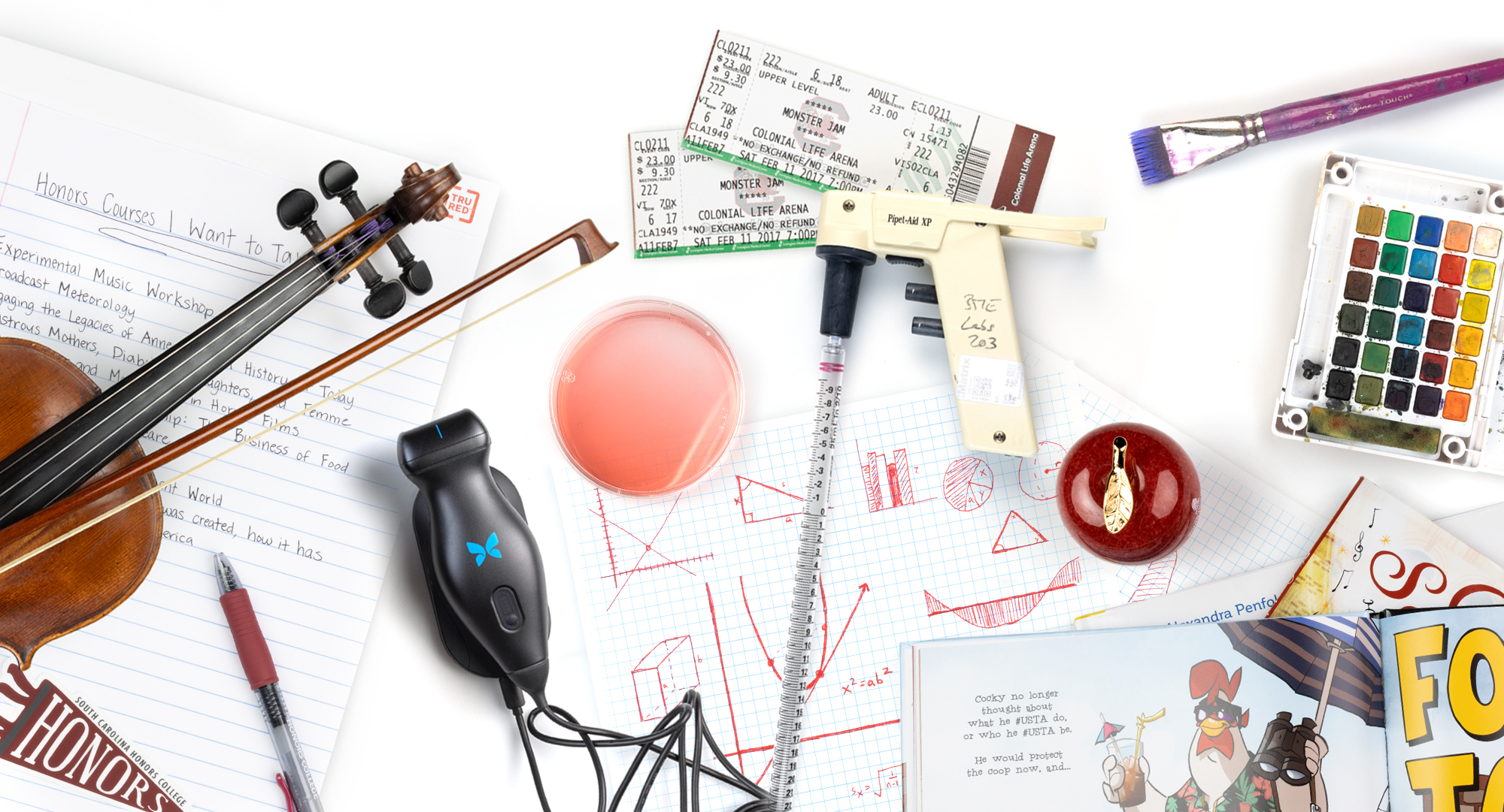 A collection of items, including a violin, movie tickets, writing utensils, and drawings on graph paper, that represent the colleges at the university.
